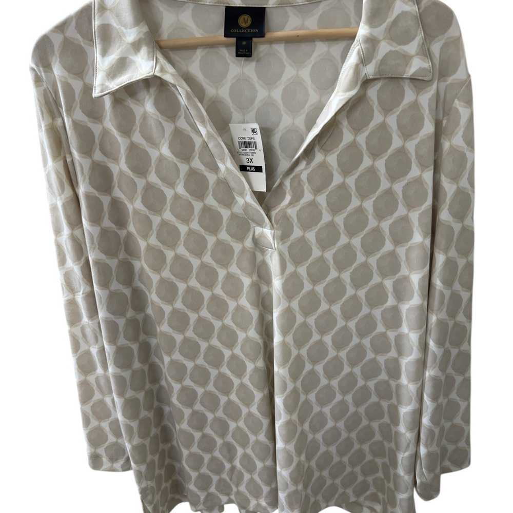 JM Collection Beige and Cream Geometric Button Down Shirt Size 3X NWT